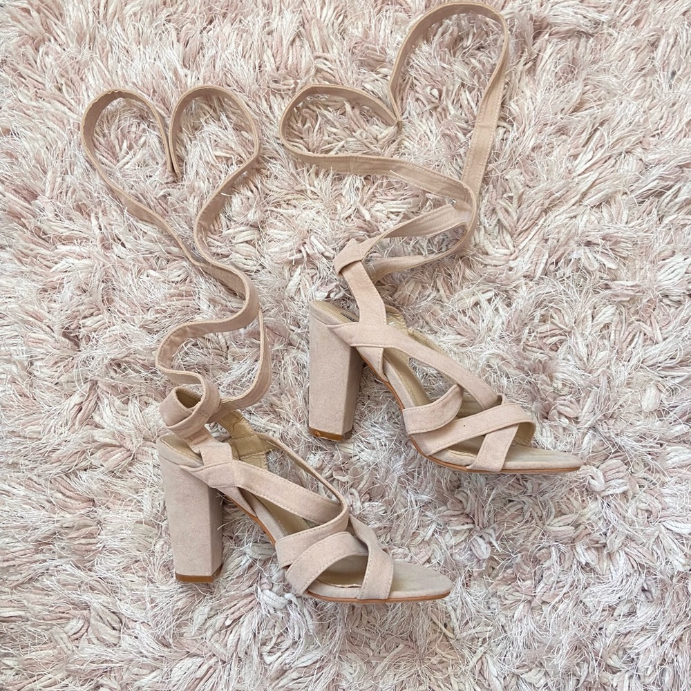 Light ivory pink lace up chunky heels